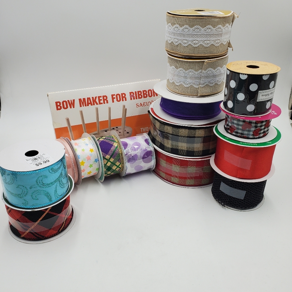 Lot of 15 Various Rolls of ribbons And wood Bow Maker